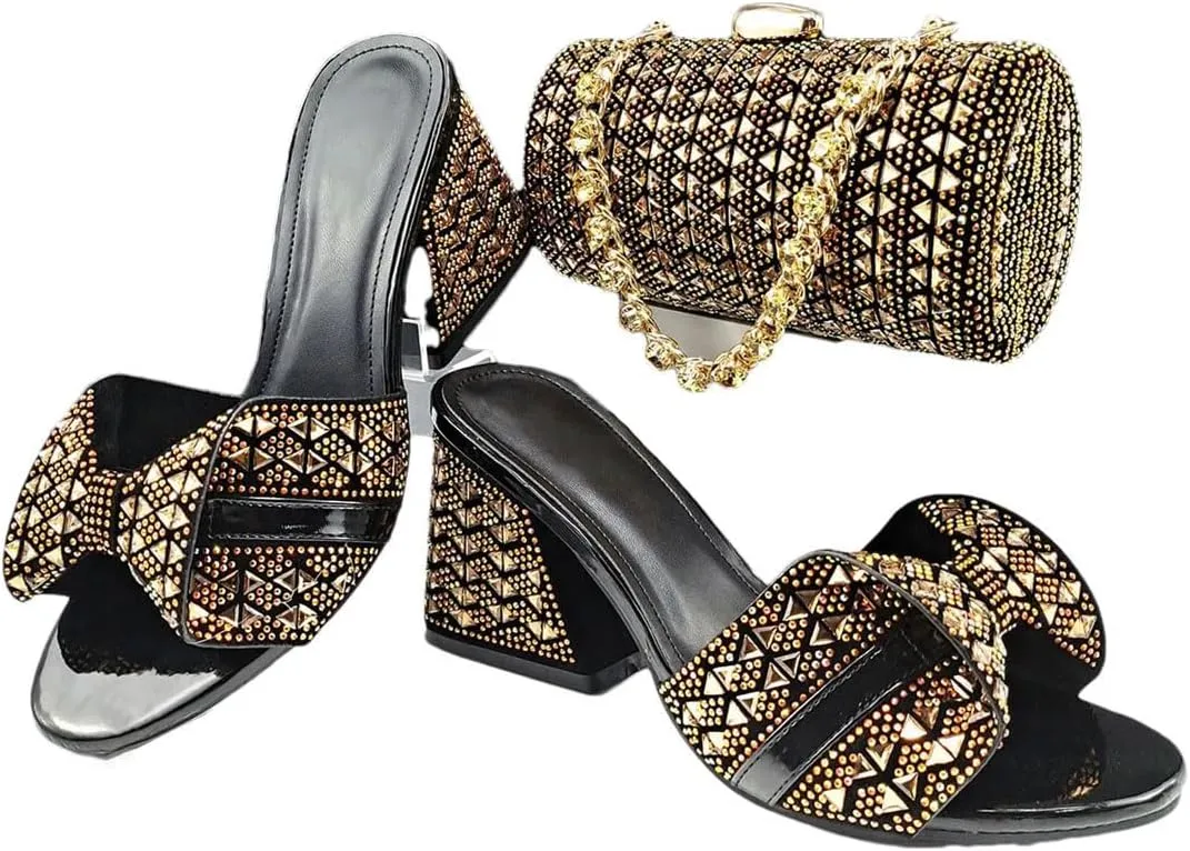 African Banquet Shoes and Bag Set Italian Rhinestone High Heels with Clutch