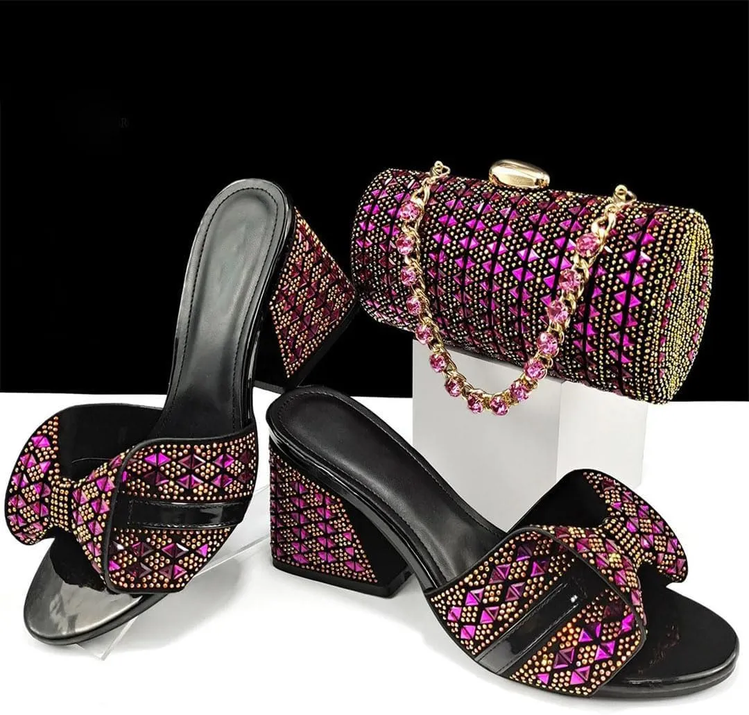 African Banquet Shoes and Bag Set Italian Rhinestone High Heels with Clutch