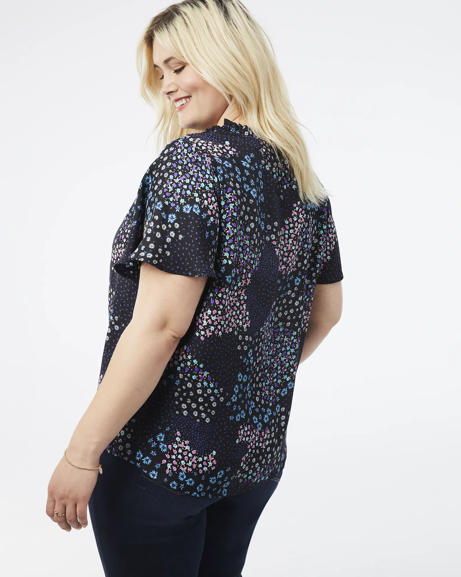 Amelia Short-Sleeved Ruffled Top | Black / Purple