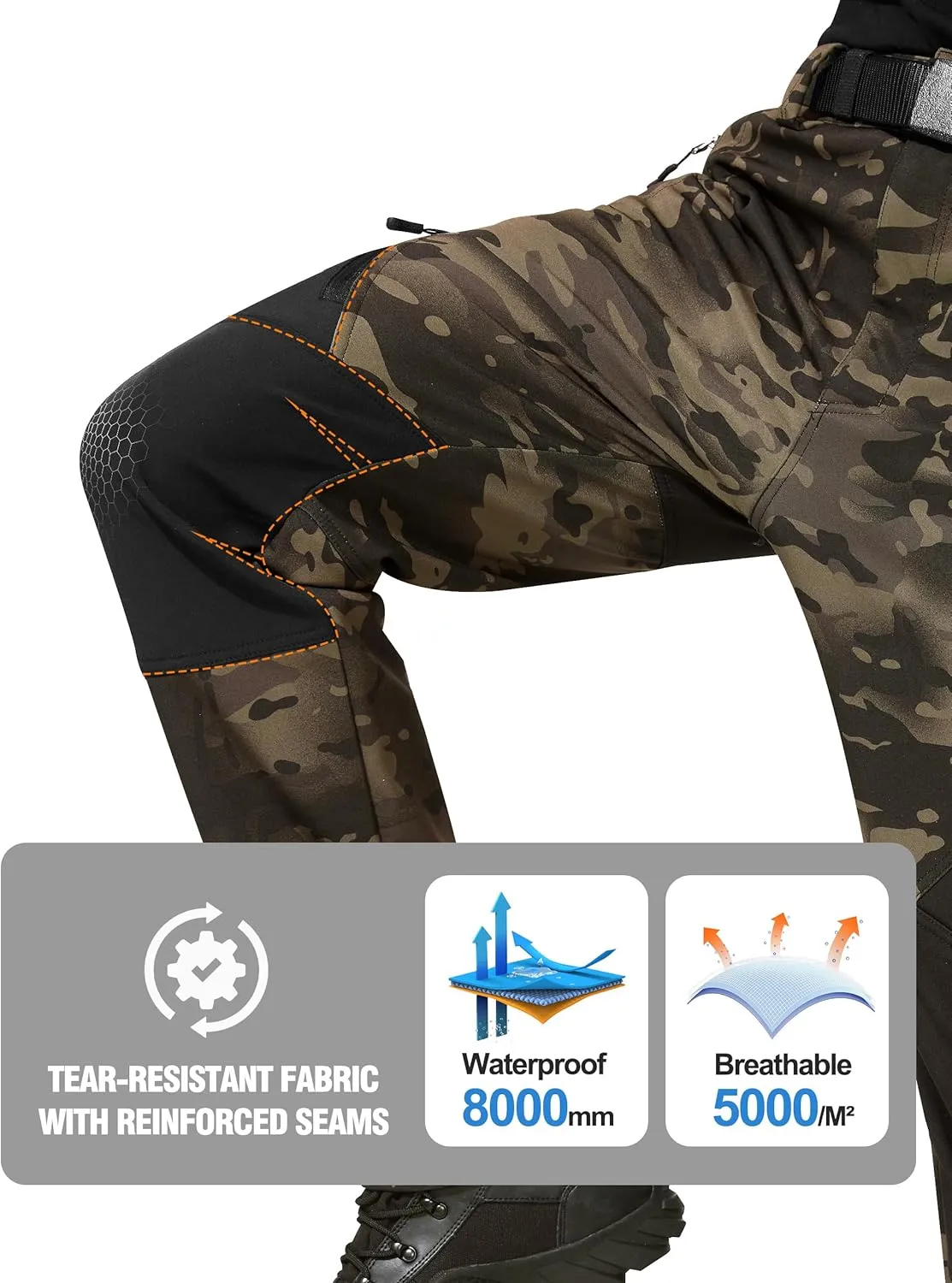 FREE SOLDIER Men's Fleece Lined Outdoor Cargo Hiking Pants Water Repellent Softshell Snow Ski Pants with Zipper Pockets