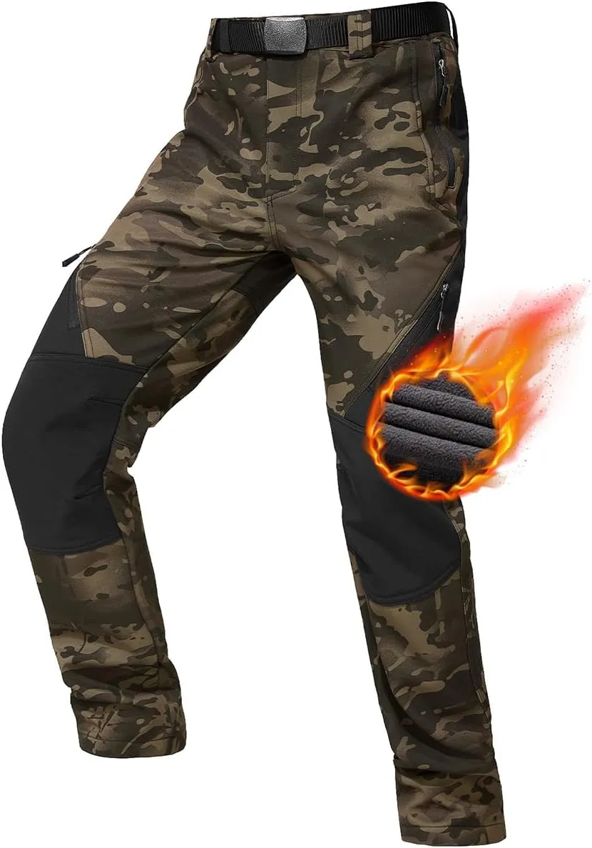 FREE SOLDIER Men's Fleece Lined Outdoor Cargo Hiking Pants Water Repellent Softshell Snow Ski Pants with Zipper Pockets