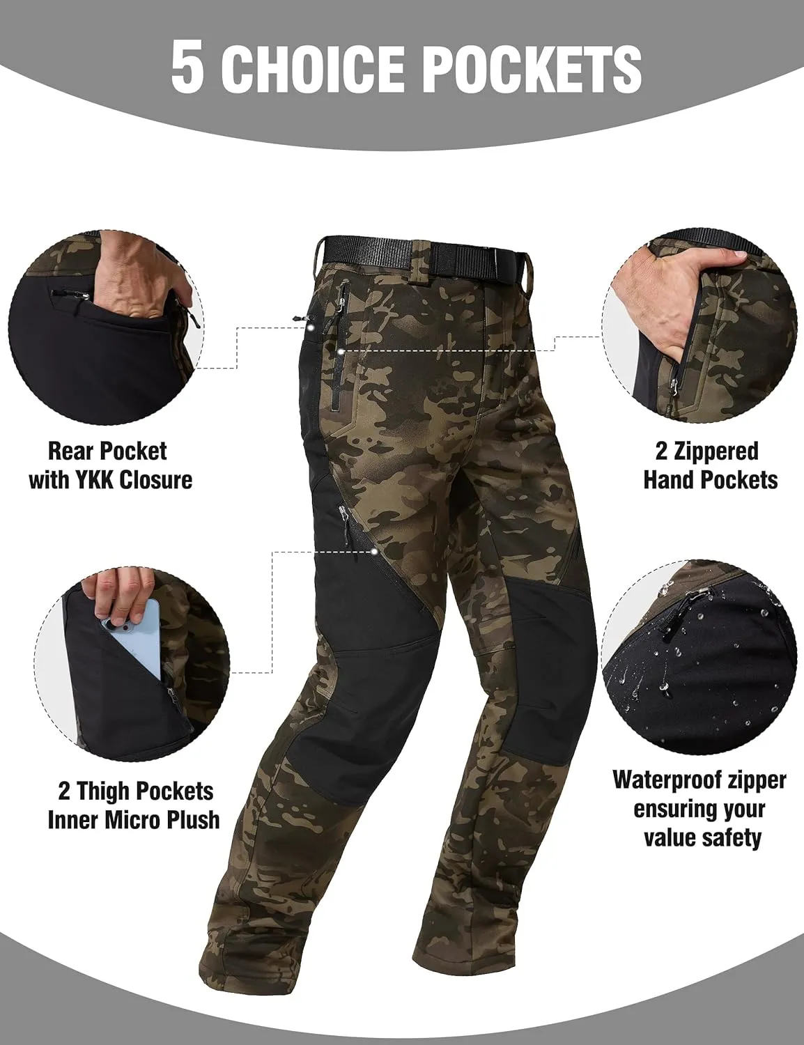 FREE SOLDIER Men's Fleece Lined Outdoor Cargo Hiking Pants Water Repellent Softshell Snow Ski Pants with Zipper Pockets