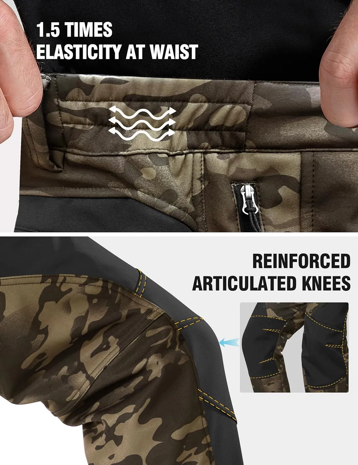 FREE SOLDIER Men's Fleece Lined Outdoor Cargo Hiking Pants Water Repellent Softshell Snow Ski Pants with Zipper Pockets