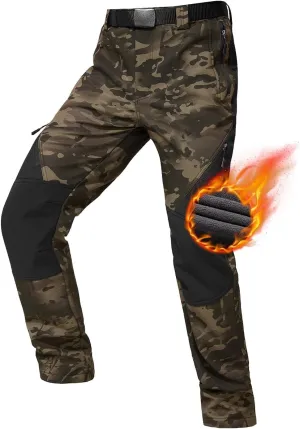 FREE SOLDIER Men's Fleece Lined Outdoor Cargo Hiking Pants Water Repellent Softshell Snow Ski Pants with Zipper Pockets