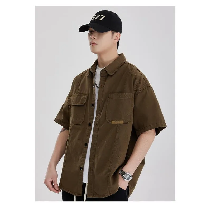 Label Loose Fit Versatile Retro Casual Trendy Short Sleeve Shirt